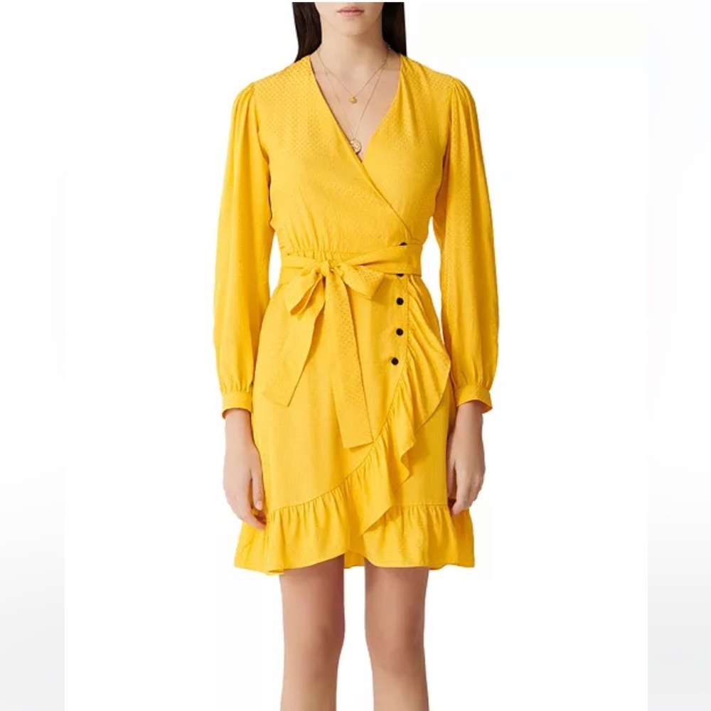 MAJE Roseya Yellow Ruffled Polka Dot‎ Long Sleeve Mini Dress Size 36